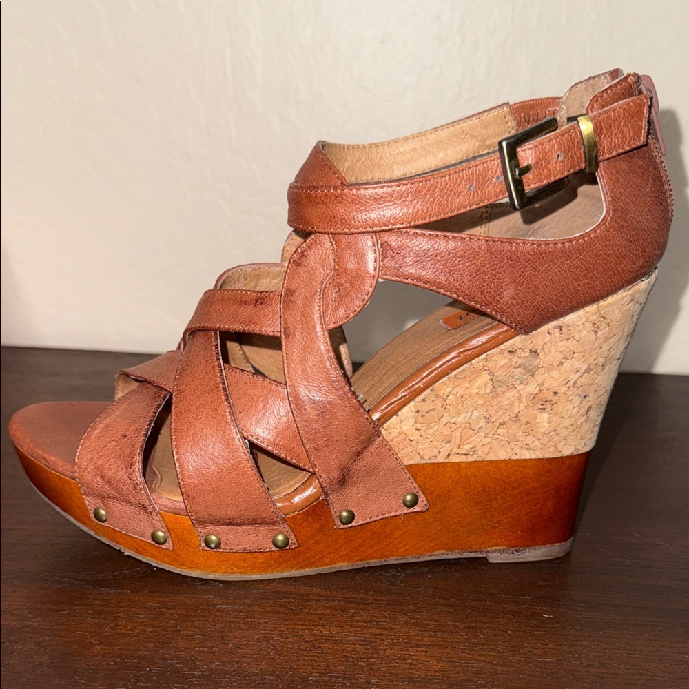 Miz Mooz Kay Cognac Leather Strappy Cork Wood Wedge Sandals Brown Womens - Picture 6 of 12
